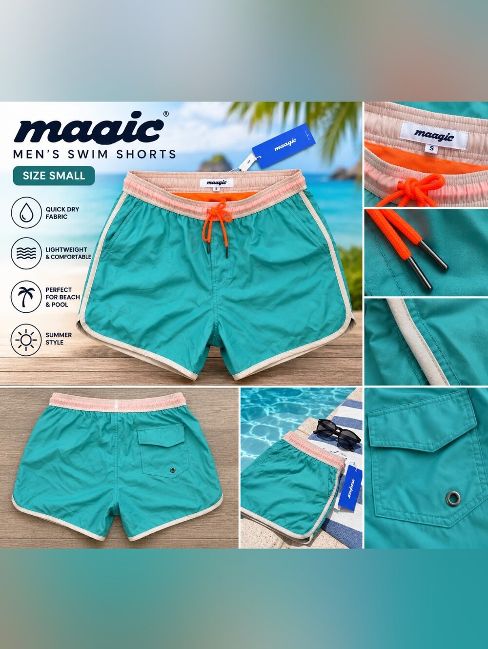 Magic Teal Swim Shorts with Pink Waistband and Orange Drawstring